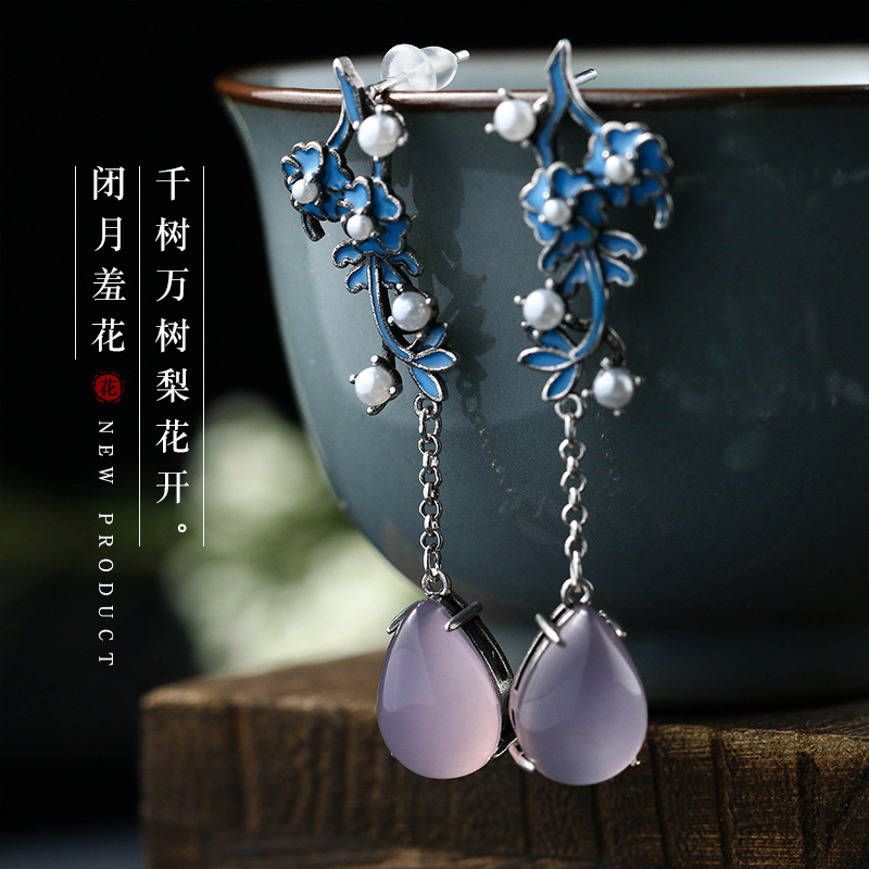 2023 National Fashion New Chinese Style Art Imitation Jade Niche Design Earrings Thai Silver Distressed Retro Style Earrings for Women