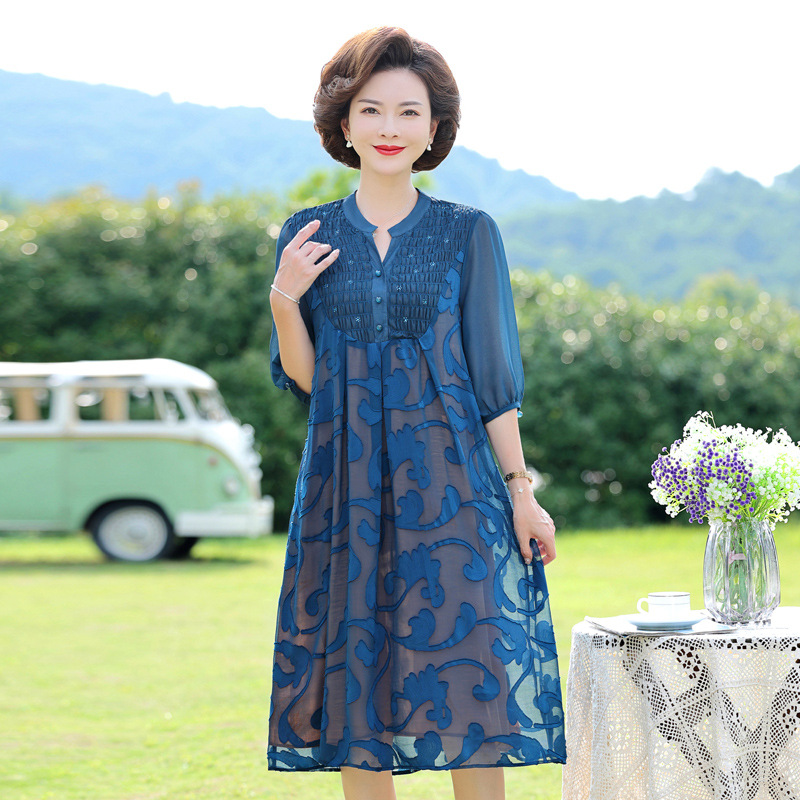 夏季宽松飘逸中老年裙装门襟褶皱半开襟纽扣薄纱连衣裙洋气妈妈装