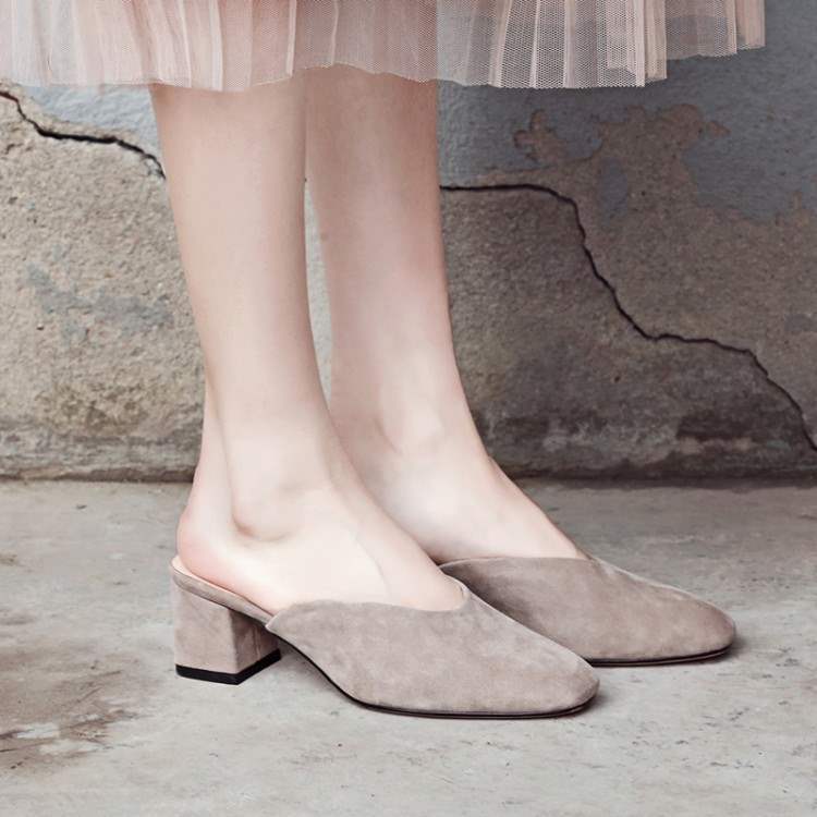 复古方头粗跟凉拖鞋女外穿包头半拖鞋女真皮中跟穆勒鞋羊皮懒人鞋