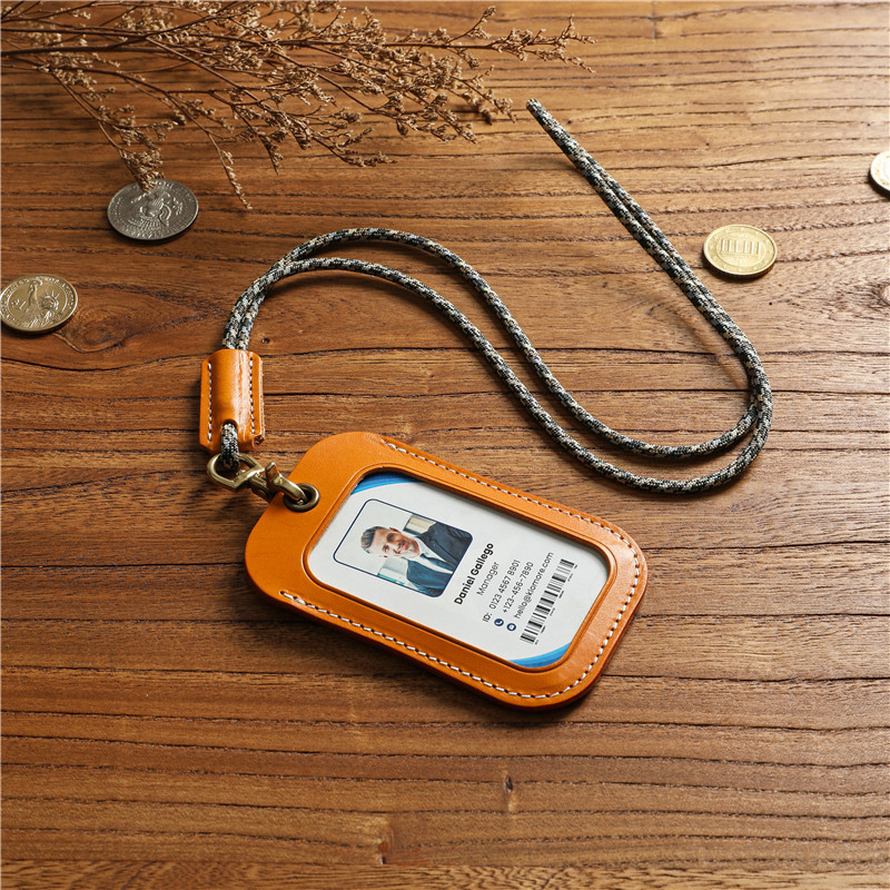 手工复古公交卡套植鞣头层牛皮工作牌证件套带挂绳胸卡出入工作证-阿