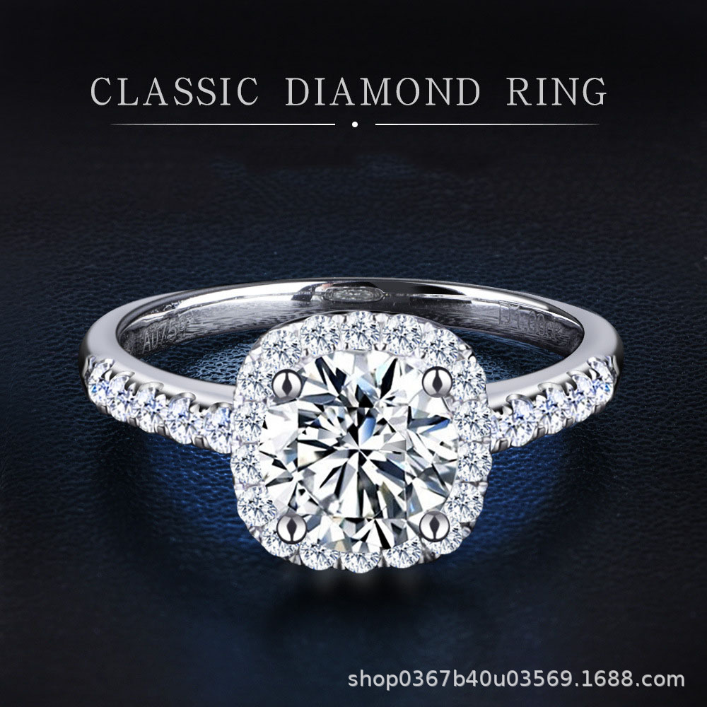 加洲珠宝一克拉钻戒女纯18k白金豪华群镶钻石戒指莫桑石求婚结婚