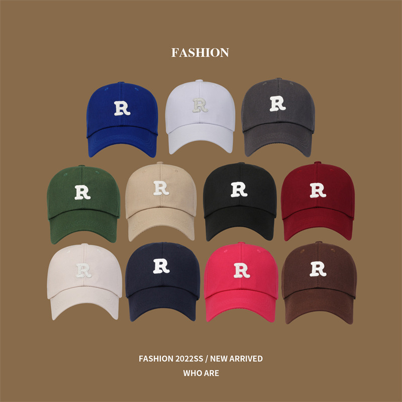 New Baseball Cap Men and Women Alphabet Peaked Cap Korean Style Young Student Spring and Summer Sun-Proof Hat R Logo Embroidery