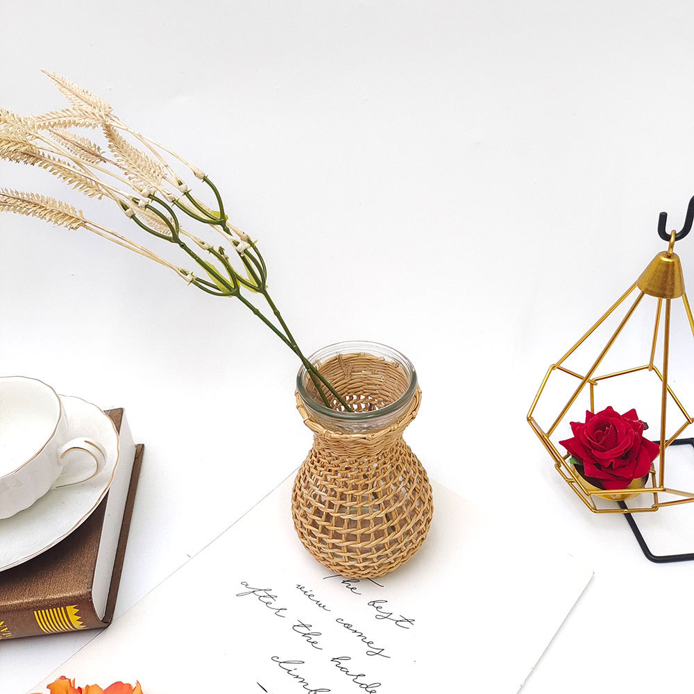 跨境外贸批发日式手工藤草编织玻璃水培花瓶客厅民宿台面装饰摆件