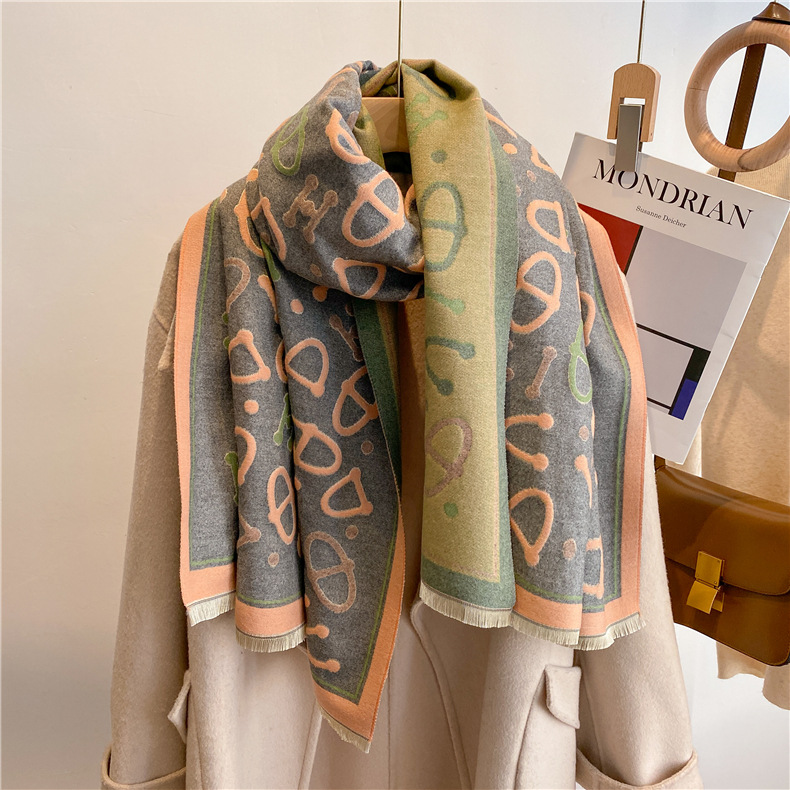 New Women's Scarf Autumn and Winter Letter Jacquard Scarf Thickened Double-Sided Cashmere-like Warm Shawl All-Match Scarf