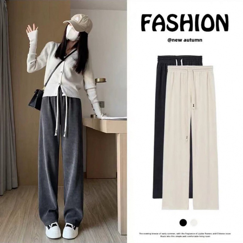 European Cotton Velvet Wide-Leg Pants Women's Small Autumn and Winter High Waist Drooping Drawstring Straight Loose Slimming Sports Pants