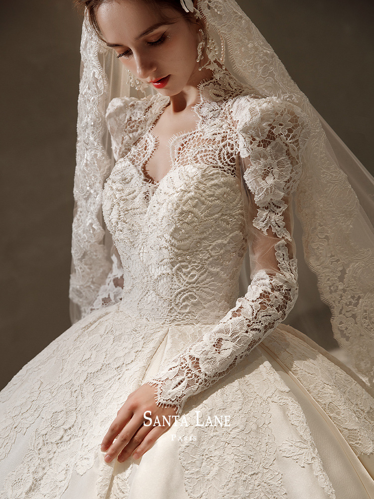 《邂逅》2022新娘主婚纱缎面高级感出门纱长袖礼服宫廷复古婚纱