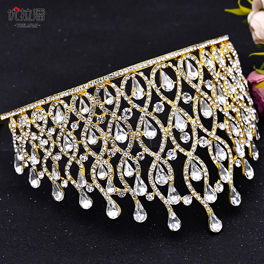 优拉潘 新娘大皇冠婚纱2021新款头饰 合金复古彩色水钻王冠 hp370