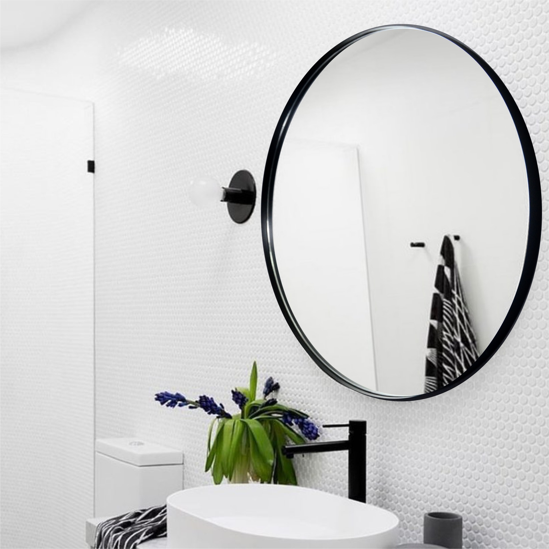 壁挂式黑色圆形边框化妆镜简约装饰镜子卫生间