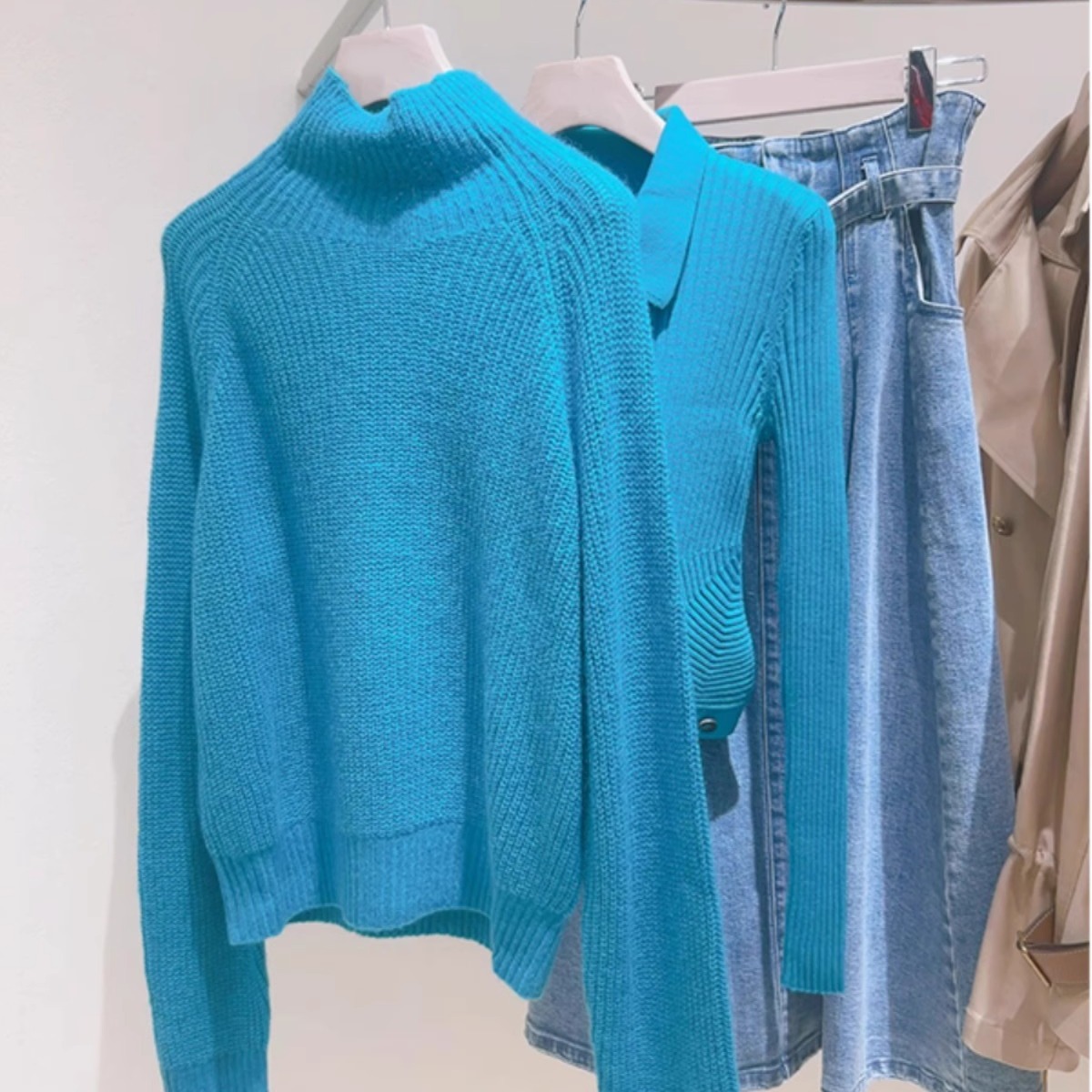 m439#今年超流行蓝色简约风高领毛衣女欧洲站新品设计感时髦气质