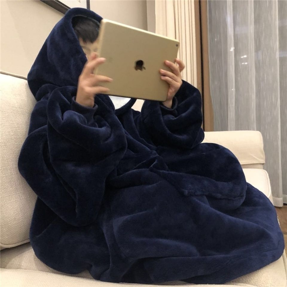 New Flannel Pajamas Thicken and Lengthen Lazy Blanket Long Robe Outdoor Cold-Proof Hooded Home Hooded Bathrobe