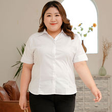 大码白衬衫女夏胖mm加肥职业正装工作服200斤工装薄款短袖v领衬衣