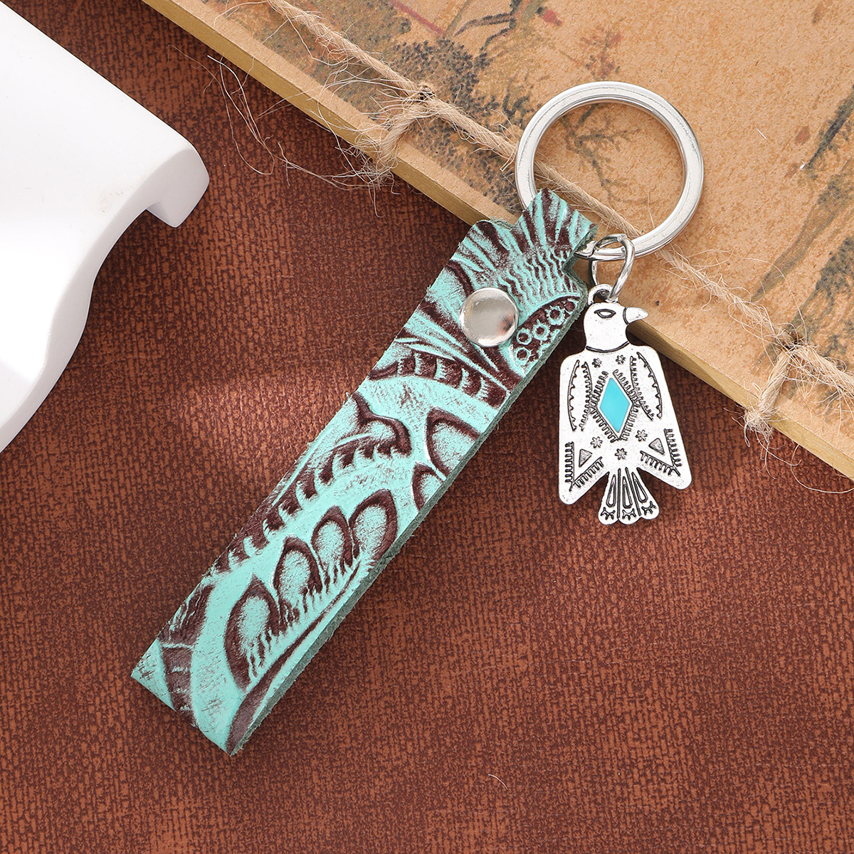 A Variety of Brown Leather Pattern Keychain Alloy Word Farm Sign Mother Natural Turquoise Cross-Border European and American Amazon