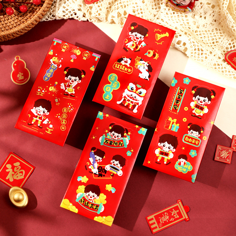 Creative Red Packet Year of the Dragon 2024 New Year Adhesive Sticker Small Red Envelope Cartoon New Year Gift Seal Red Pocket for Lucky Money