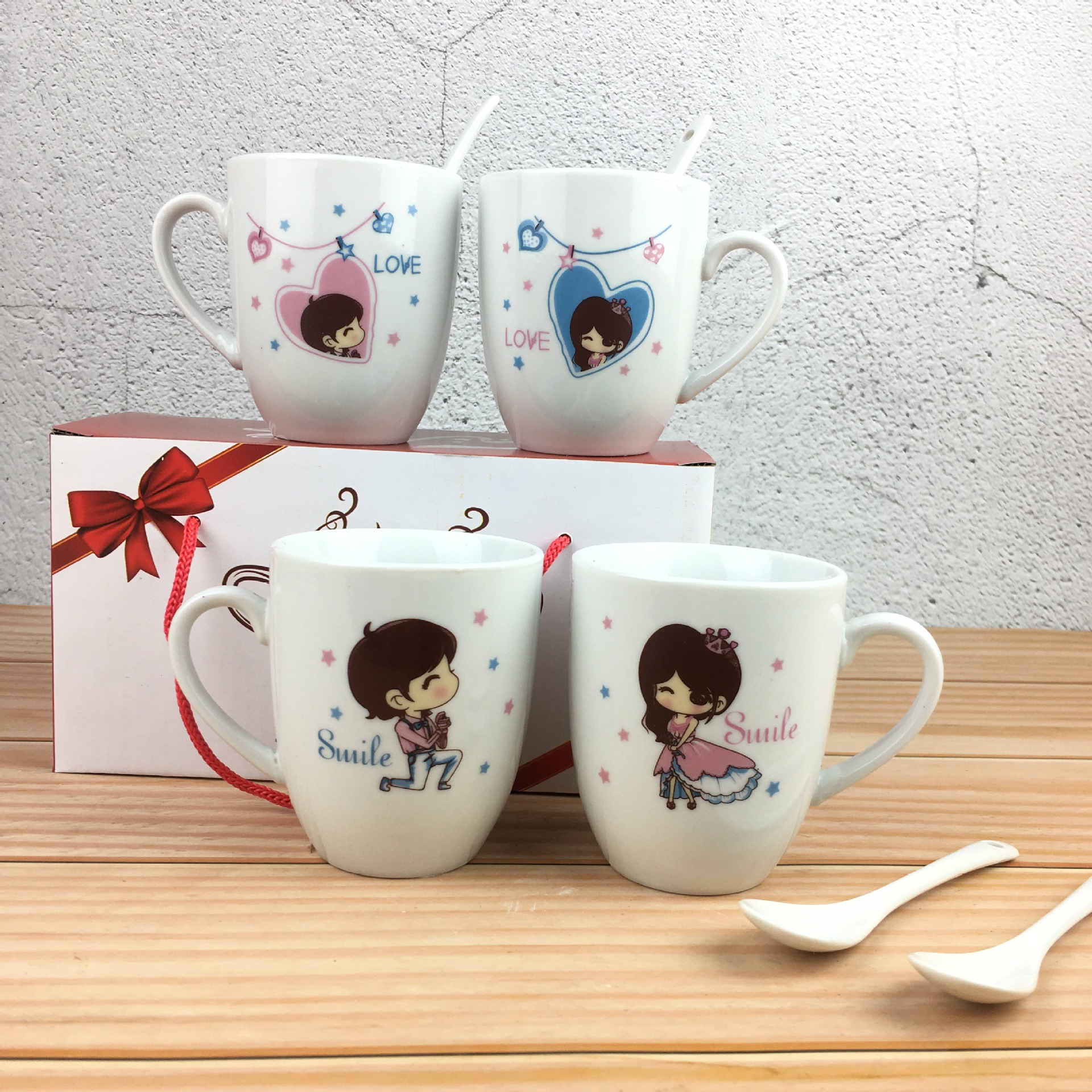 情侣马克杯七夕伴手礼咖啡杯手提盒装情人节礼品陶瓷杯卡通logo