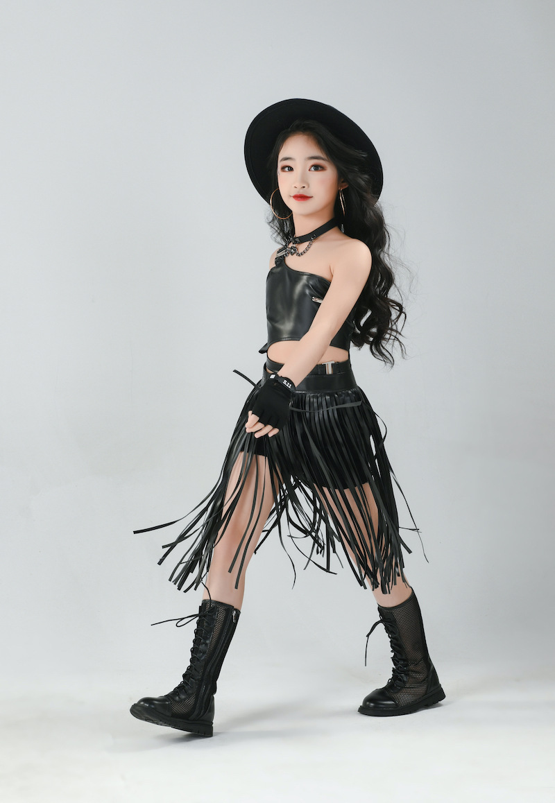 女童潮服模特走秀服装皮上衣流苏套装机车个性酷帅车模中大童新款