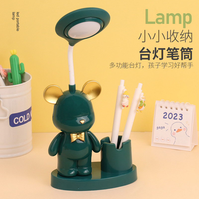 Cartoon Funny Creative Bear Rabbit Table Lamp Desktop Pen Container with Penknife Student Portable Desktop Learning Tools