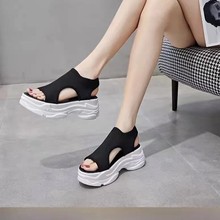 时尚凉鞋女2024夏季新款欧美坡跟鱼嘴厚底飞织休闲运动风套脚凉鞋