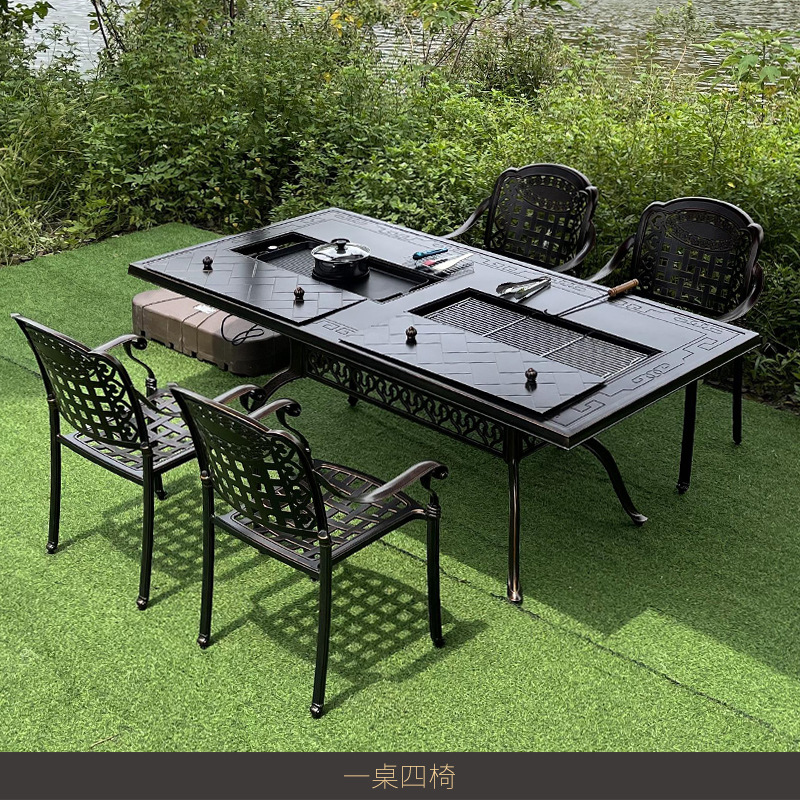 Outdoor Desk-Chair Cast Aluminum Barbecue Table Courtyard Garden Outdoor Iron Household Electric Smokeless Oven Dining Table Combination Furniture