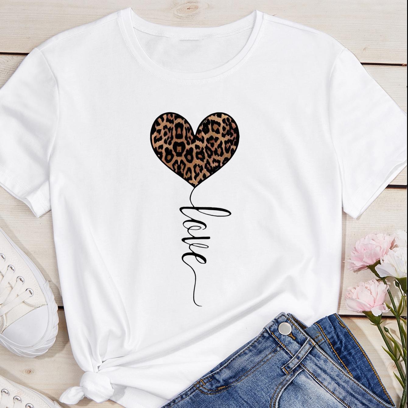 欧美夏季爆款 一件定制爱心图形女士套头衫时尚透气短袖圆领T恤女