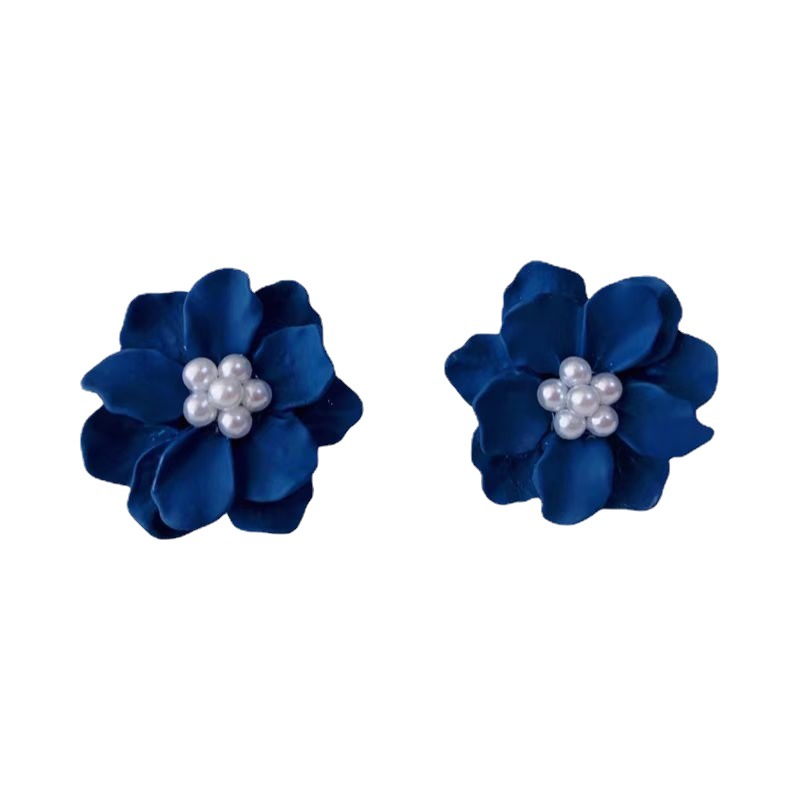 Korean Style Blue Flower Pearl Earrings Retro Gentle Elegant Ear Studs Earrings Summer Mosquito Coil Non-Piercing Ear Clip