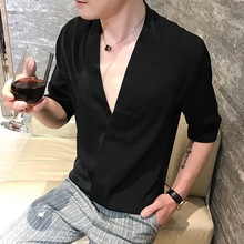 深V领半袖T恤潮男发型师韩版夏季个性潮流衬衫修身五分袖夜店男装