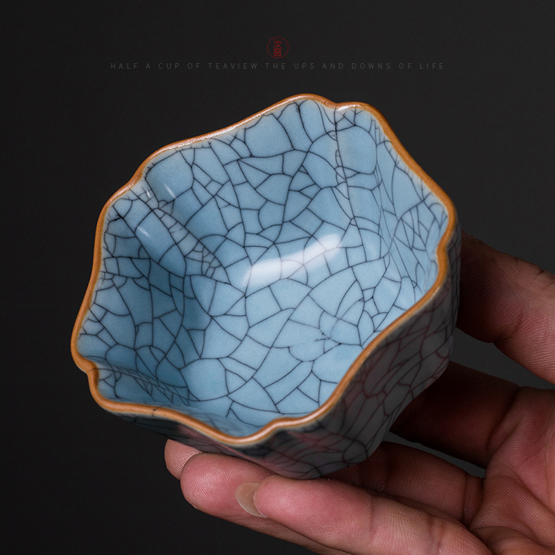 手工汝窑茶杯品茗杯主人杯家用大号冰裂纹开片可养茶杯官窑汝瓷杯