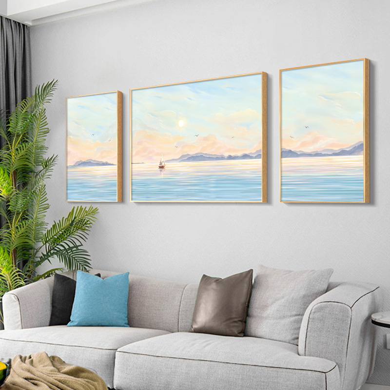 北欧沙发背景墙挂画三联画粉色海景日出风景画抽象客厅装饰画批发