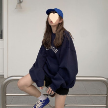 跨境卫衣女韩版宽松印花秋季新款中长款百搭BF原宿风蓝色上衣潮