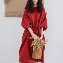 2024秋季新款女装文艺复古连衣裙红色中长款系带显瘦大码衬衫裙女