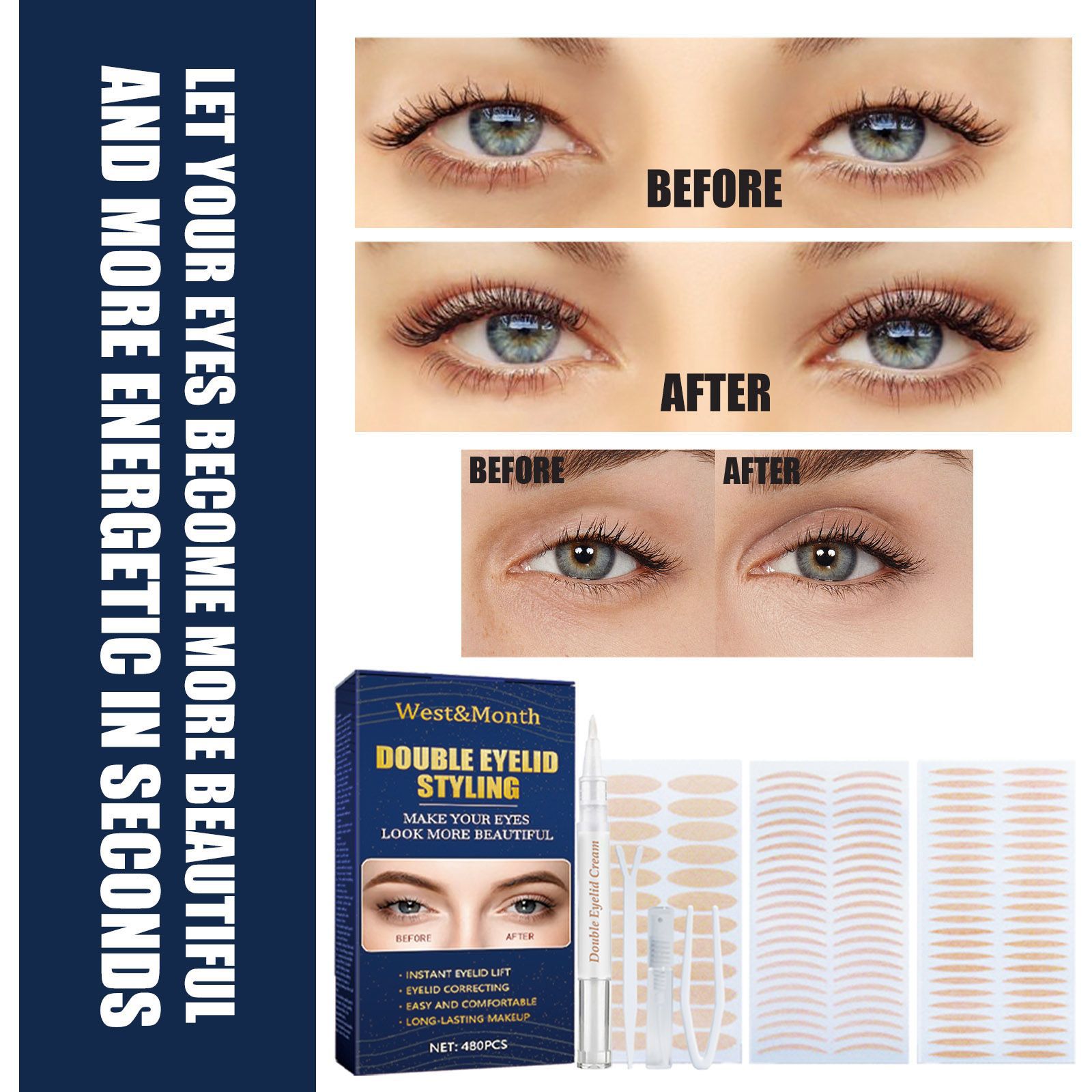 West & Month Double Eyelid Stickers Set Invisible Lace Olive Natural Mesh Glue-Free