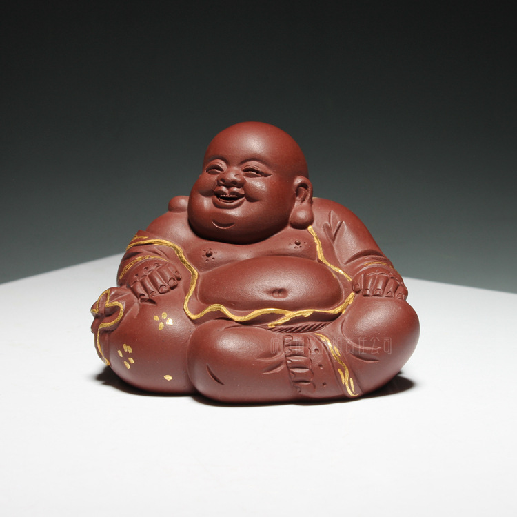 名家正品 宜兴紫砂茶宠 雕塑 摆件 高顺忠 描金弥勒佛 手工精品