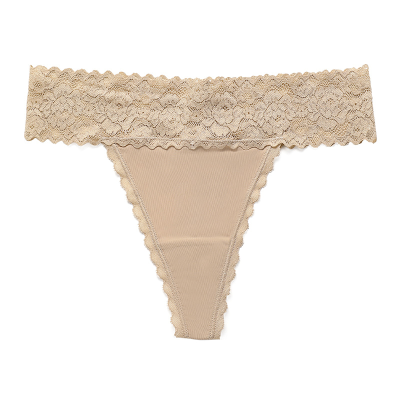 Foreign Trade European and American Cotton Crotch Women's T-Shaped Panties Sexy Ice Silk Traceless Lace Stitching Low Waist Athletic Girl T-Back