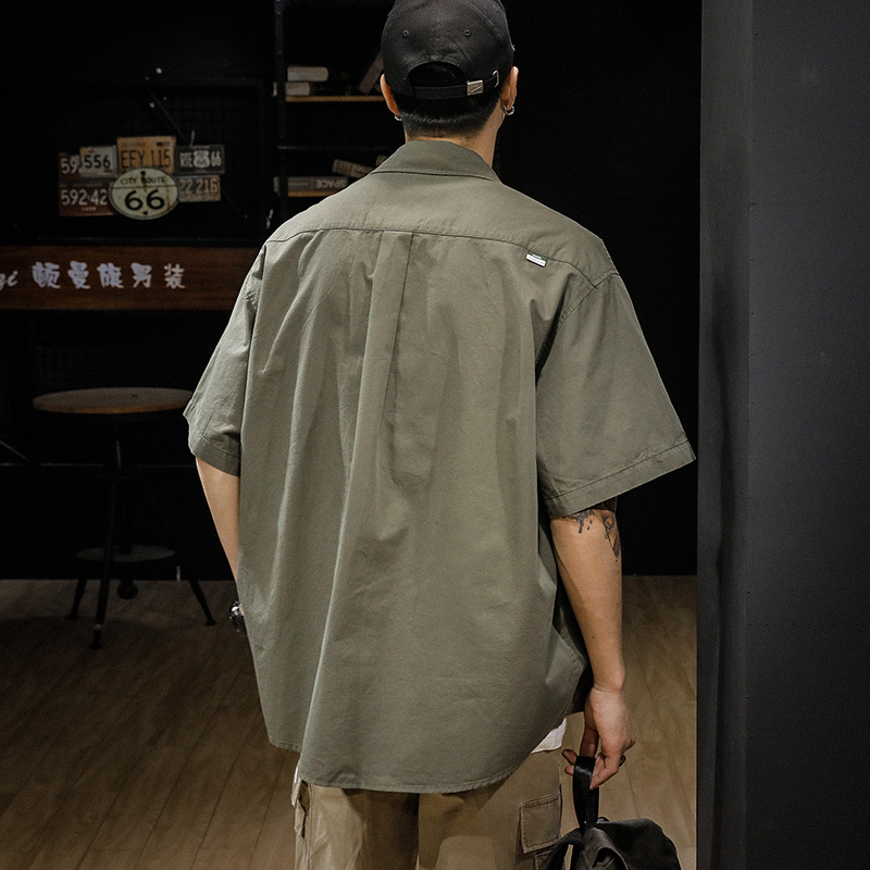 Summer Japanese Workwear Loose Short Sleeve Shirt Men's Coat Pu Shuai Summer T-shirt American Vintage Shirt Men