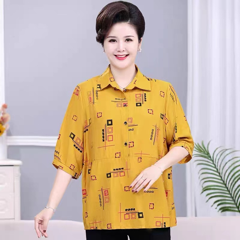 新款中年妈妈夏装棉质小衫中老年女洋气休闲显瘦减龄中袖t恤上衣