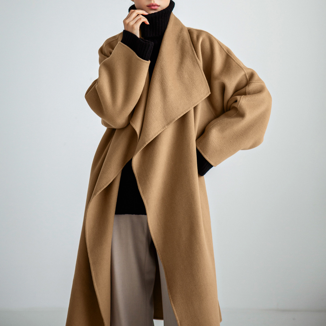 22冬季新款女士毛呢外套东大门气质长款翻领双面手缝羊绒大衣女