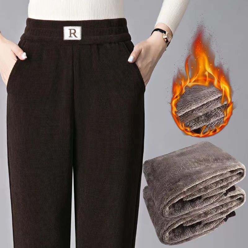 Fleece-Lined Thickened Chenille Pants Women's Winter Lambswool High Waist Loose Large Size Mother Harem Pants Straight Casual Pants