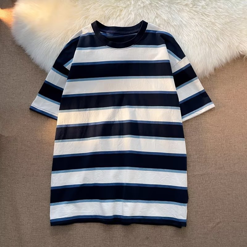 日系复古条纹短袖t恤男夏季简约百搭情侣衣服ins潮流潮牌宽松半袖