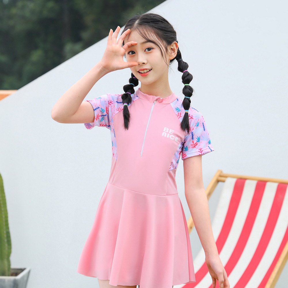 防走光儿童泳衣女中大童连体温泉泳衣立体剪裁学生速干泳衣裙批发