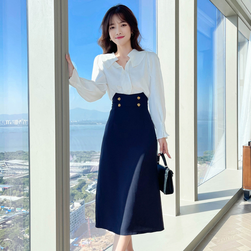 2021秋高级感白色衬衫女雪纺上衣 小众高腰包臀裙气质半身裙长裙