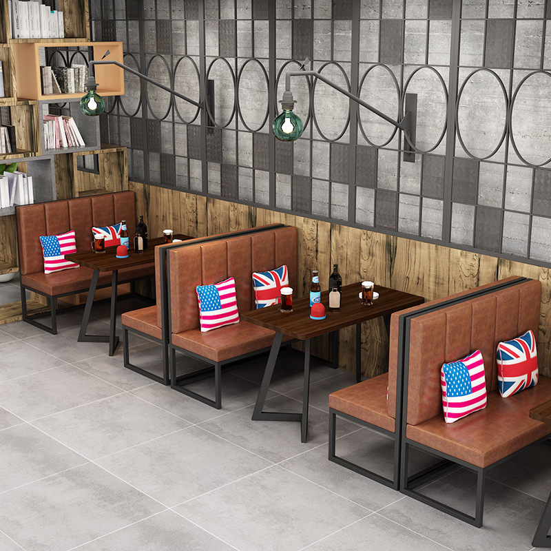 工业风酒吧铁艺实木靠背沙发卡座 火锅店音乐餐厅软坐垫桌椅组合