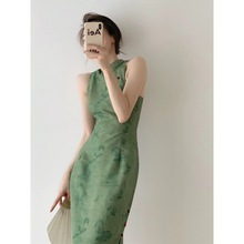 2024春秋新款复古显白绿色改良版新中式国风旗袍修身显瘦连衣裙女