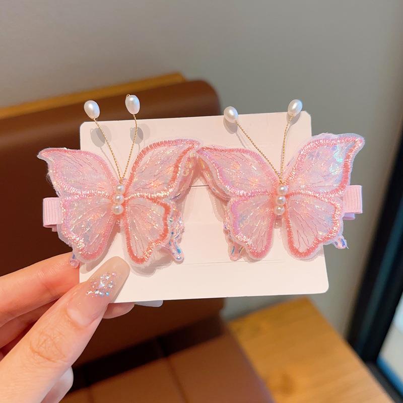 新款超仙古风网纱蝴蝶发夹双层亮片少女侧边发夹女孩刘海夹批发 图片