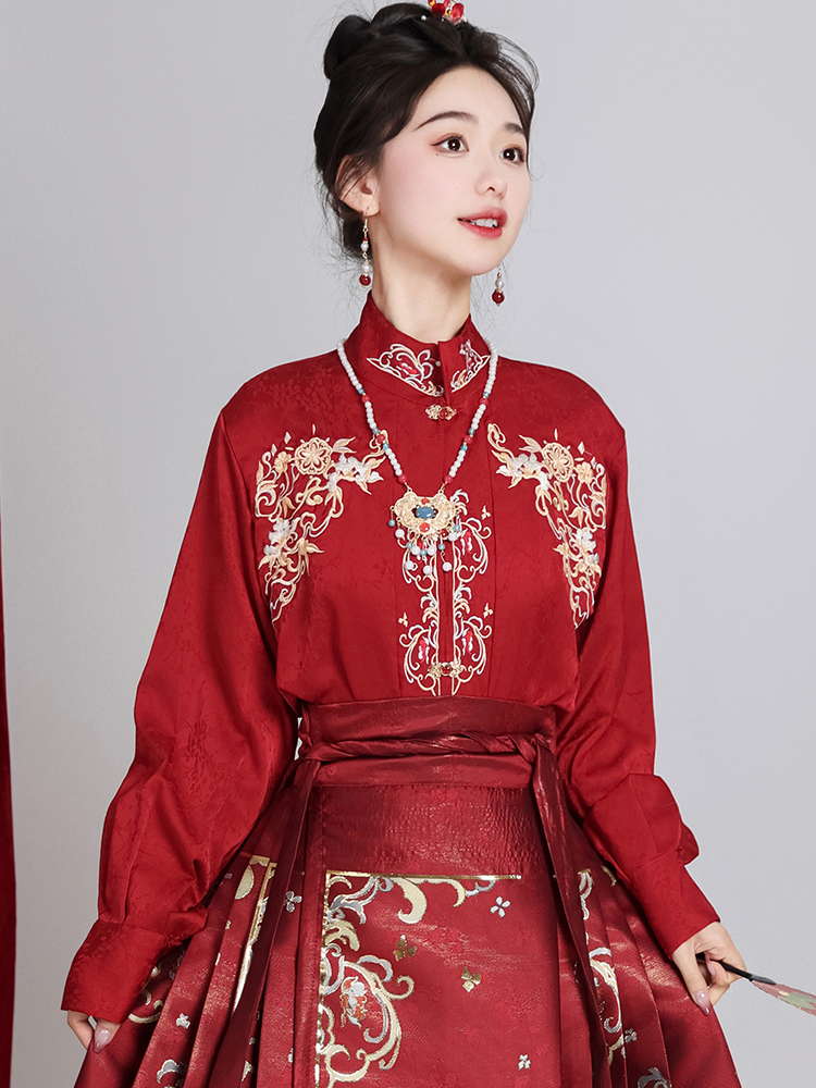 New Chinese Style Horse-Face Skirt Suit Women's Makeup Flower Hanfu Toast Clothing Chinese Style Red Wedding Clothes Matching Top Winter Style