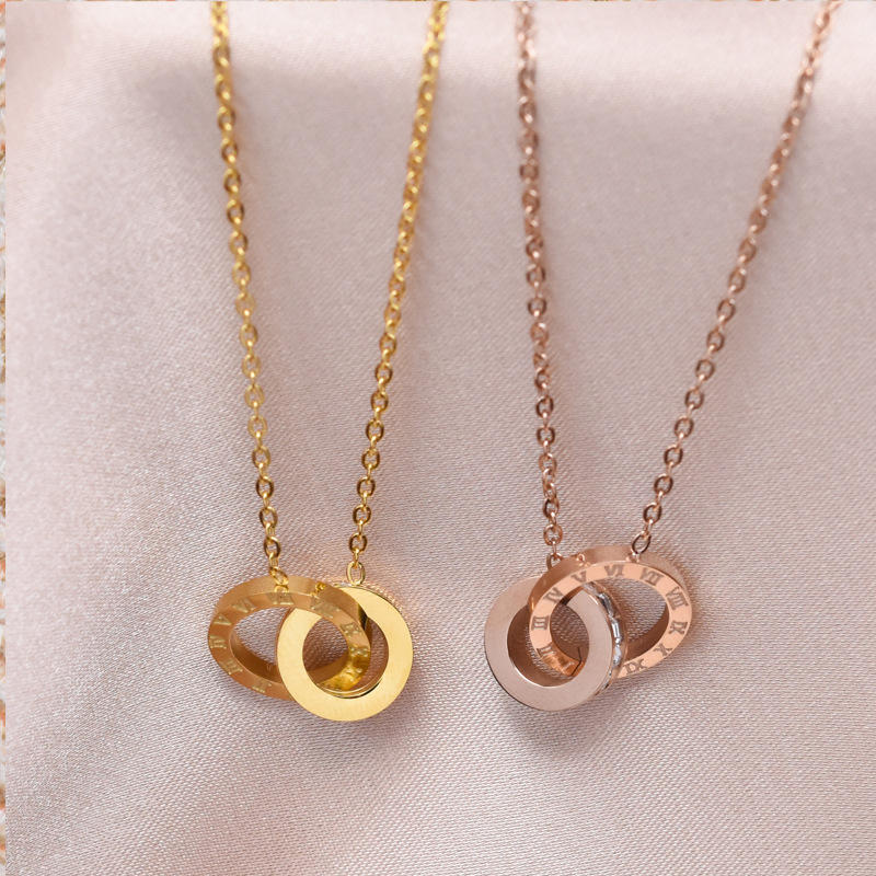 外贸饰品环环相扣双环项坠 镀18k玫瑰金吊坠ins风简约转运项链女