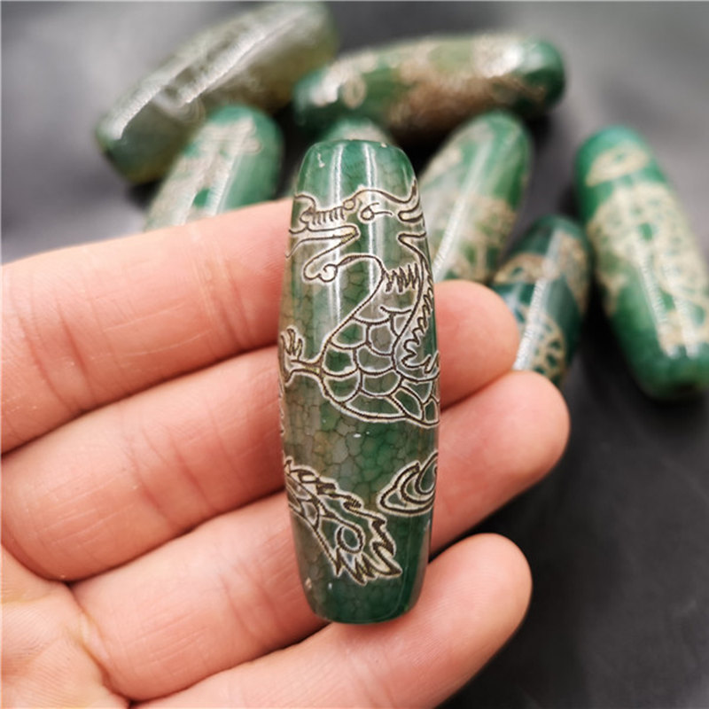 老玉匠 diy饰品配件绿玛瑙龙纹勒子 浅浮雕绿玉髓龙戏珠筒珠