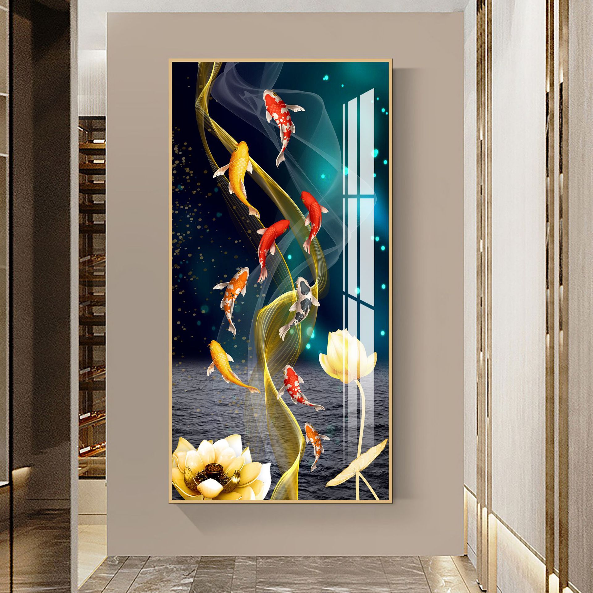玄关装饰画九鱼图墙上挂画新中式轻奢竖版走廊过道壁画晶瓷画墙画