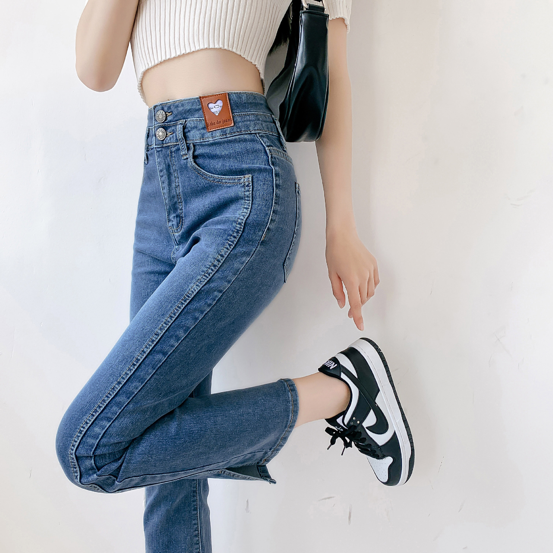 145小个子侧开叉牛仔裤女微喇高腰修身xs八分九分