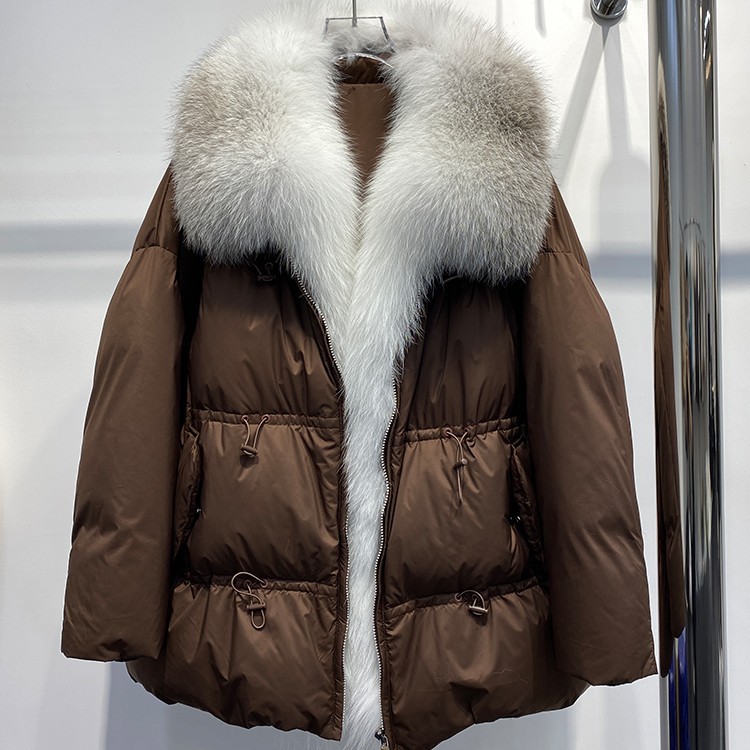 日辉狐狸大毛领皮草外套女2022冬新款时尚中长款白鹅绒羽绒服大衣