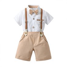 新款跨境童装夏季短袖背带裤两件套儿童夏装宝宝英伦西服男童套装