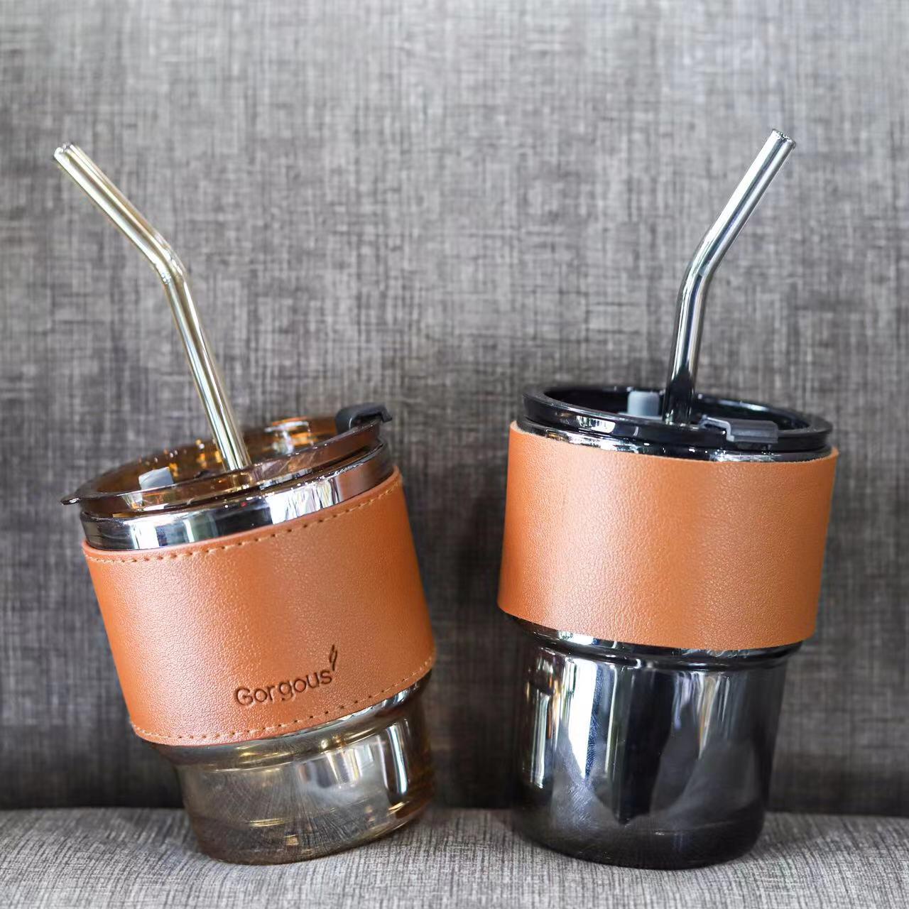 咖啡杯创意高颜值便携竹节杯带盖吸管玻璃杯水杯冷萃皮套杯子批发